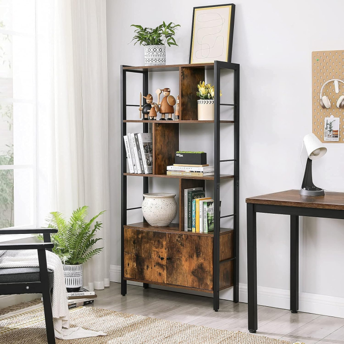 Biblioteca cu 4 rafturi si dulap inferior cu 2 usi, stil industrial, 74x30x155cm, maro rustic [3]