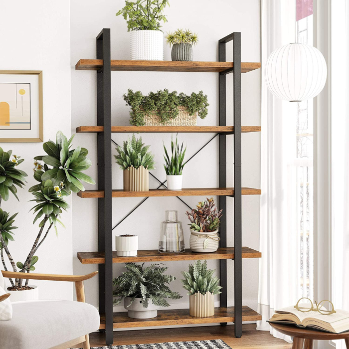 Biblioteca cu 5 rafturi, cadru din otel si rafturi din PAL, 105x34x178cm, maro rustic si negru [3]