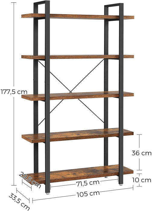Biblioteca cu 5 rafturi, cadru din otel si rafturi din PAL, 105x34x178cm, maro rustic si negru [2]