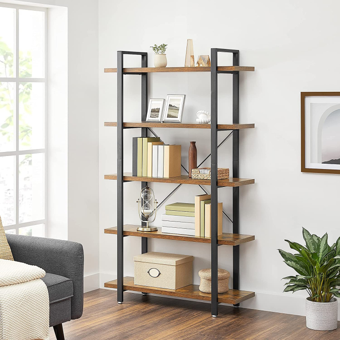 Biblioteca cu 5 rafturi, cadru din otel si rafturi din PAL, 105x34x178cm, maro rustic si negru [1]