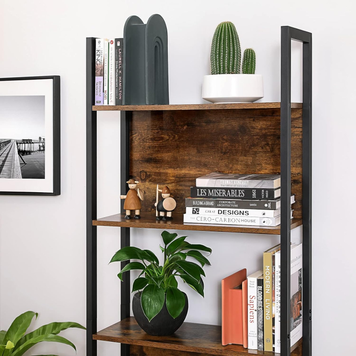 Biblioteca cu 5 rafturi de depozitare, cadru otel, stil industrial, 62x24x165cm, maro rustic si negru [6]