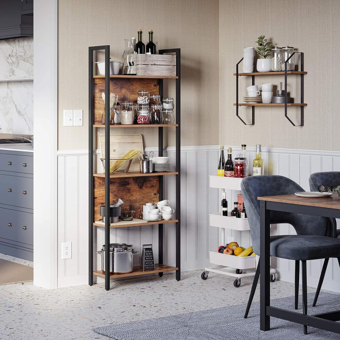 Biblioteca cu 5 rafturi de depozitare, cadru otel, stil industrial, 62x24x165cm, maro rustic si negru [3]