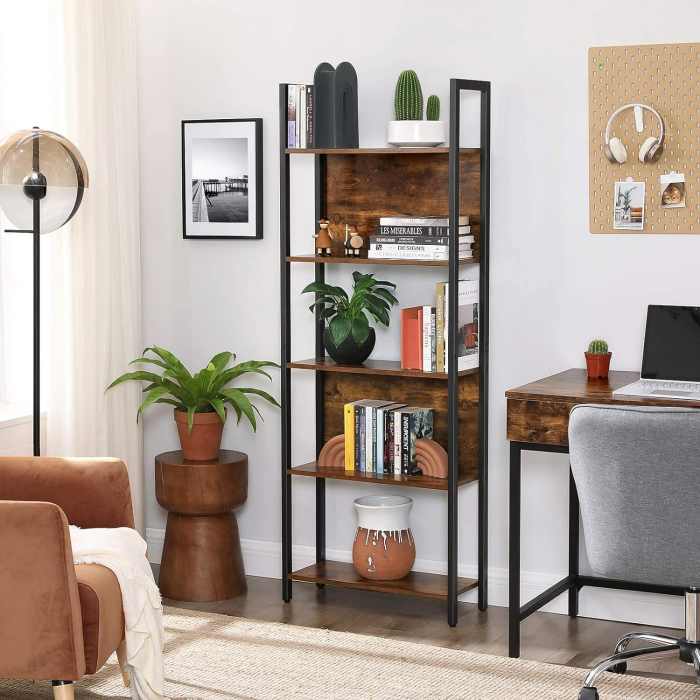 Biblioteca cu 5 rafturi de depozitare, cadru otel, stil industrial, 62x24x165cm, maro rustic si negru [2]