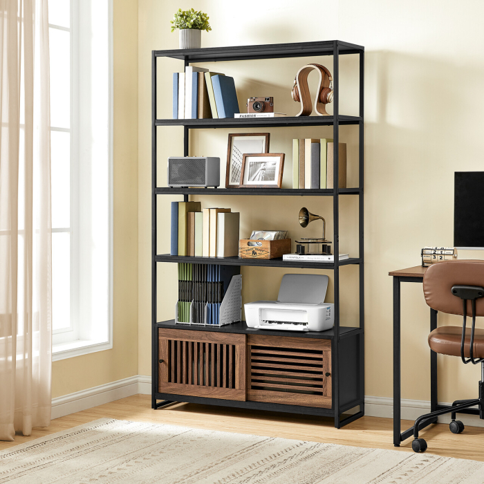 Biblioteca cu 5 rafturi si dulap, rama metalica si finisaj MDF nuc, 100x35x180 cm, negru [1]