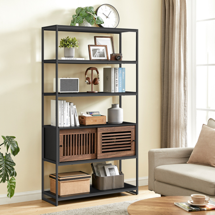Biblioteca cu 5 rafturi si dulap, rama metalica si finisaj MDF nuc, 100x35x180 cm, negru [4]