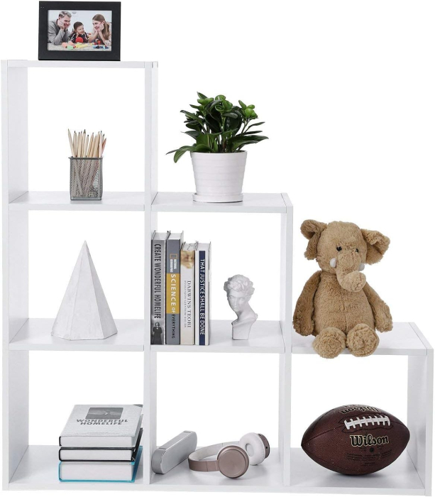 Biblioteca cu 6 compartimente, unitate de depozitare pentru decoratiuni, din lemn, 29x98x98cm, alb [6]