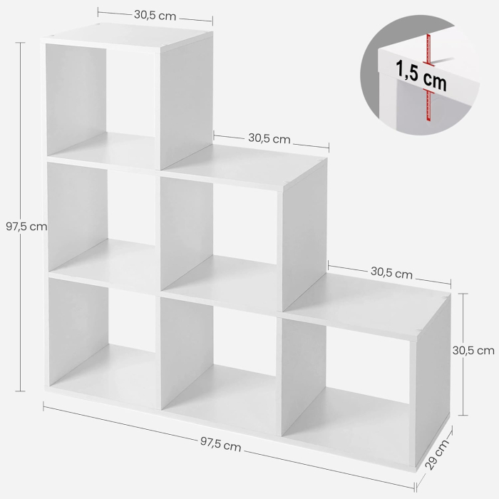 Biblioteca cu 6 compartimente, unitate de depozitare pentru decoratiuni, din lemn, 29x98x98cm, alb [1]