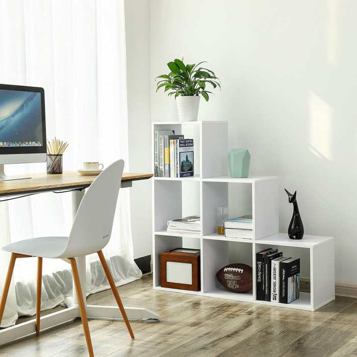Biblioteca cu 6 compartimente, unitate de depozitare pentru decoratiuni, din lemn, 29x98x98cm, alb [5]