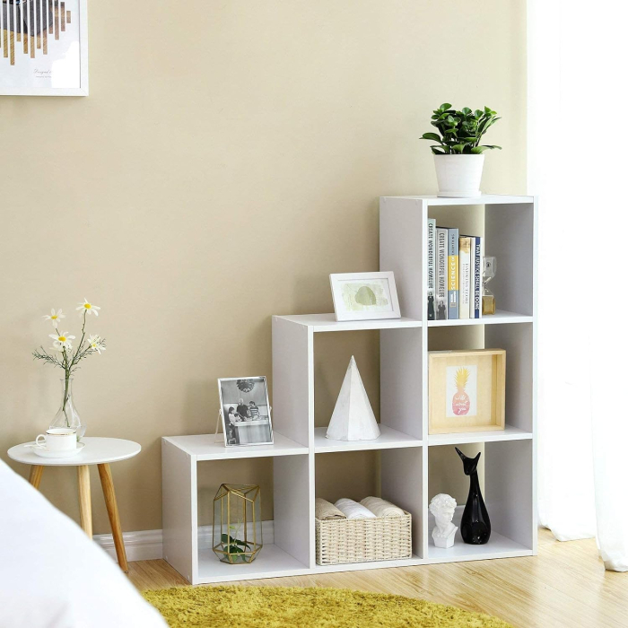 Biblioteca cu 6 compartimente, unitate de depozitare pentru decoratiuni, din lemn, 29x98x98cm, alb [2]