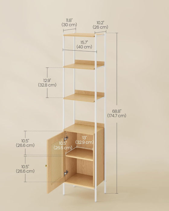 Biblioteca cu 6 etaje, cadru metalic, usa cu efect ratan Boho, 30x40x175 cm, alb si bej [3]