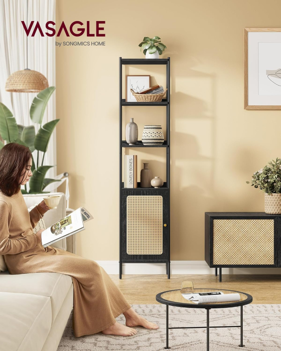 Biblioteca cu 6 etaje, cadru metalic, usa cu efect ratan Boho, 30x40x175 cm, negru [2]