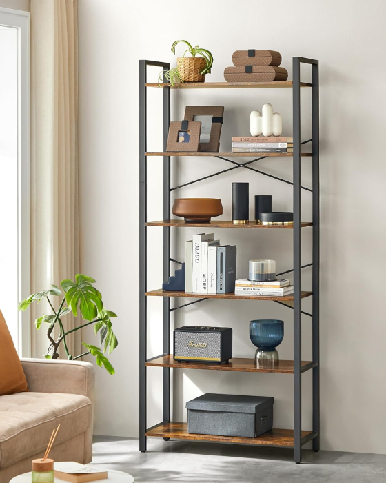 Biblioteca cu 6 rafturi, etajera stil industrial, PAL si cadru metalic, 30x80x186 cm, maro rustic [6]