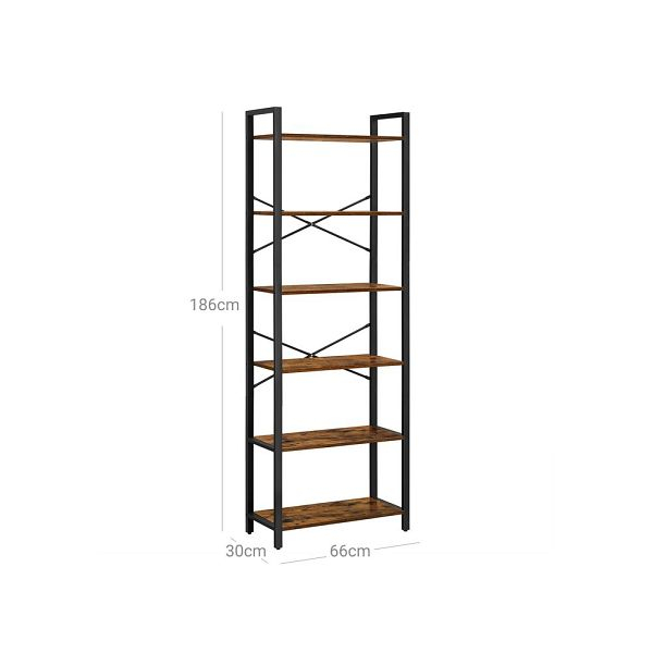 Biblioteca cu cadru otel si 6 polite, stil industrial, 66x30x186cm, maro rustic si negru [6]