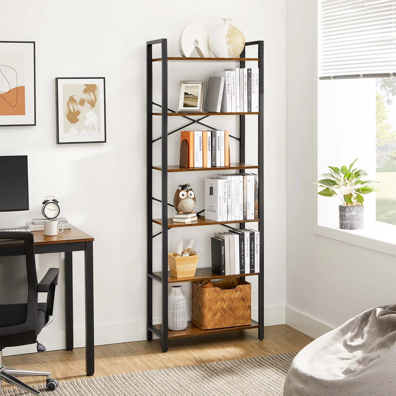 Biblioteca cu cadru otel si 6 polite, stil industrial, 66x30x186cm, maro rustic si negru [3]