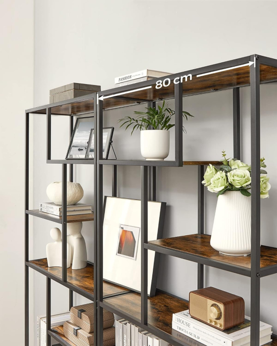 Biblioteca cu forma geometrica, pe 6 nivele, stil industrial, 30x80x180cm, maro rustic si negru [6]