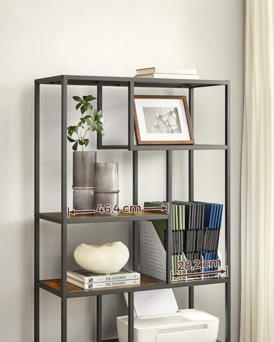 Biblioteca cu forma geometrica, pe 6 nivele, stil industrial, 30x80x180cm, maro rustic si negru [7]
