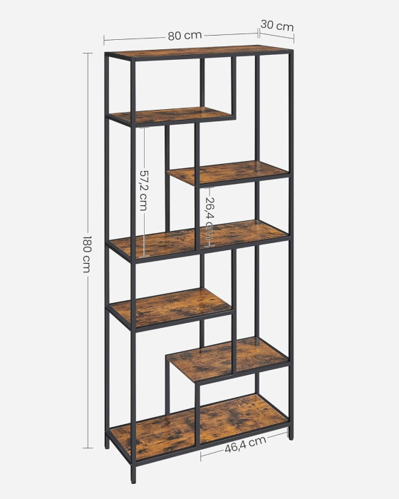 Biblioteca cu forma geometrica, pe 6 nivele, stil industrial, 30x80x180cm, maro rustic si negru [3]