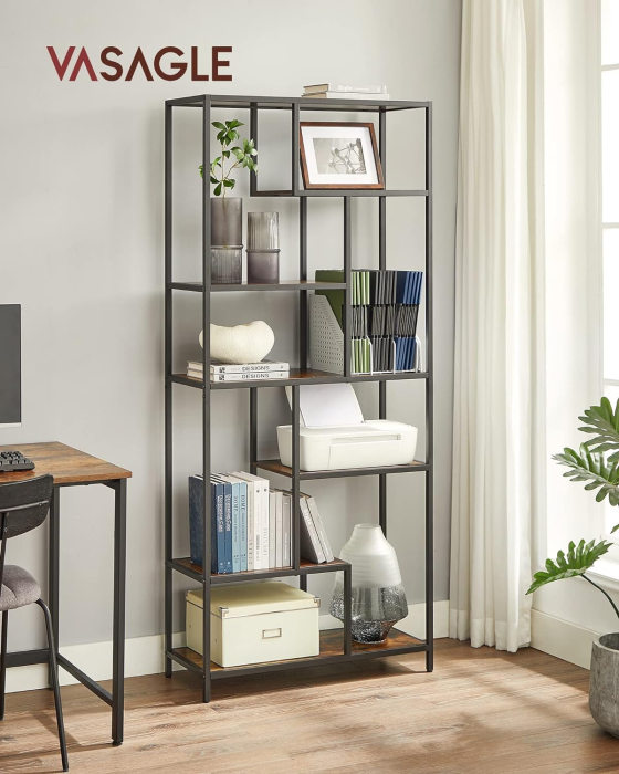 Biblioteca cu forma geometrica, pe 6 nivele, stil industrial, 30x80x180cm, maro rustic si negru [4]
