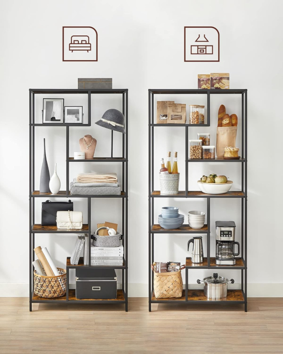 Biblioteca cu forma geometrica, pe 6 nivele, stil industrial, 30x80x180cm, maro rustic si negru [8]