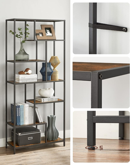 Biblioteca cu forma geometrica, pe 6 nivele, stil industrial, 30x80x180cm, maro rustic si negru [5]