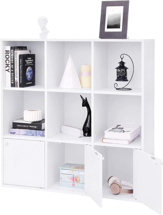 Biblioteca din lemn, cu 9 cuburi, 3 dulapuri inferioare, 98x98x29cm, alb [6]