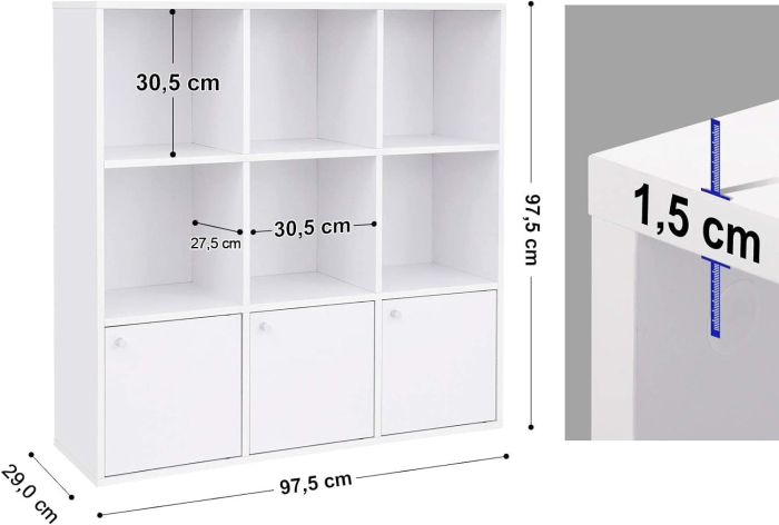 Biblioteca din lemn, cu 9 cuburi, 3 dulapuri inferioare, 98x98x29cm, alb [4]