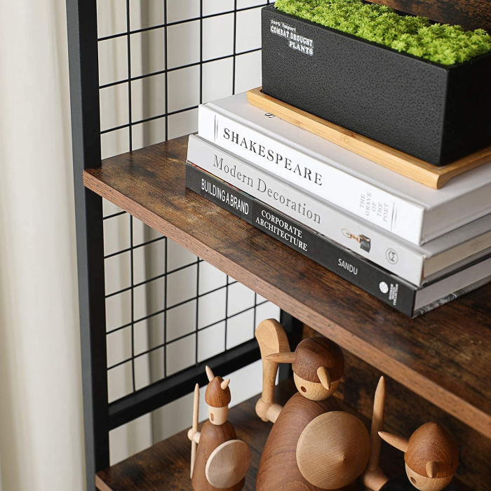 Biblioteca, raft cu 4 niveluri, cadru otel si polite din MDF, 74x30x155cm, maro rustic si negru [8]