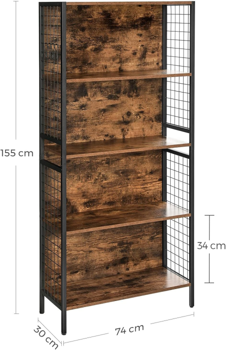 Biblioteca, raft cu 4 niveluri, cadru otel si polite din MDF, 74x30x155cm, maro rustic si negru [3]