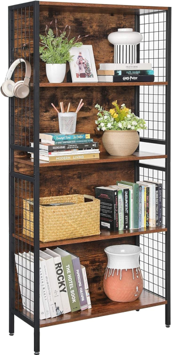Biblioteca, raft cu 4 niveluri, cadru otel si polite din MDF, 74x30x155cm, maro rustic si negru [9]