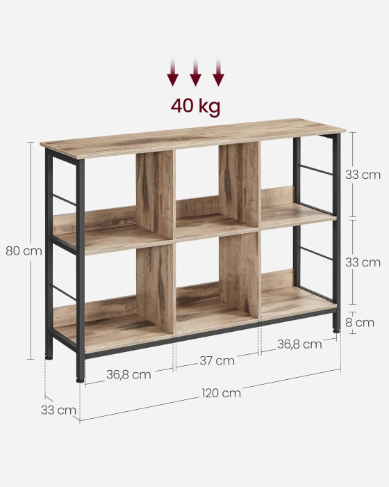 Biblioteca, raft cu 6 unitati de depozitare, din lemn, 33x120x80 cm, gri stejar [2]