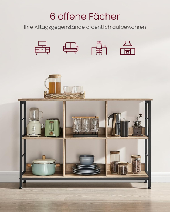 Biblioteca, raft cu 6 unitati de depozitare, din lemn, 33x120x80 cm, gri stejar [3]