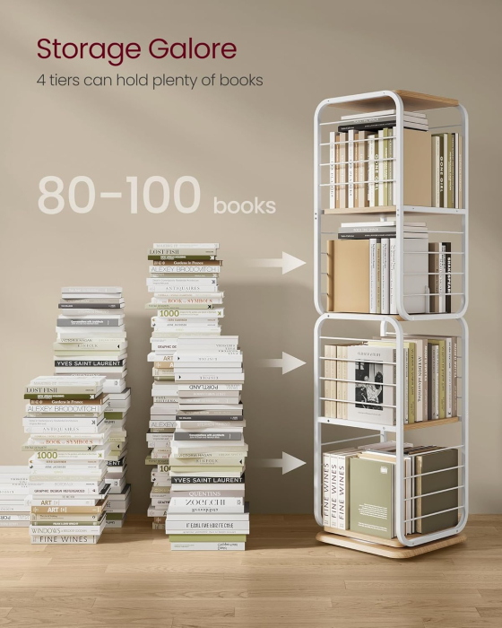 Biblioteca rotativa 360 grade, cadru metalic, cu 5 polite MDF, 43x43x158cm, alb [5]