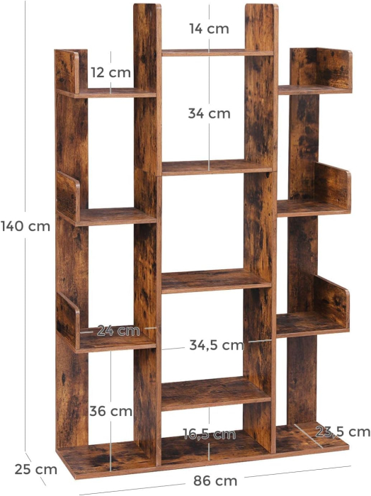 Biblioteca stil arbore, cu 13 rafturi de depozitare, colturi rotunjite, 86x25x140cm, maro rustic [2]