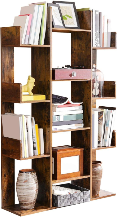Biblioteca stil arbore, cu 13 rafturi de depozitare, colturi rotunjite, 86x25x140cm, maro rustic [7]