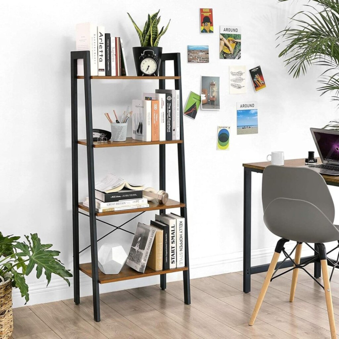 Biblioteca tip scara, cadru otel cu 4 polite din MDF, stil industrial, 56x34x138cm, maro rustic [10]