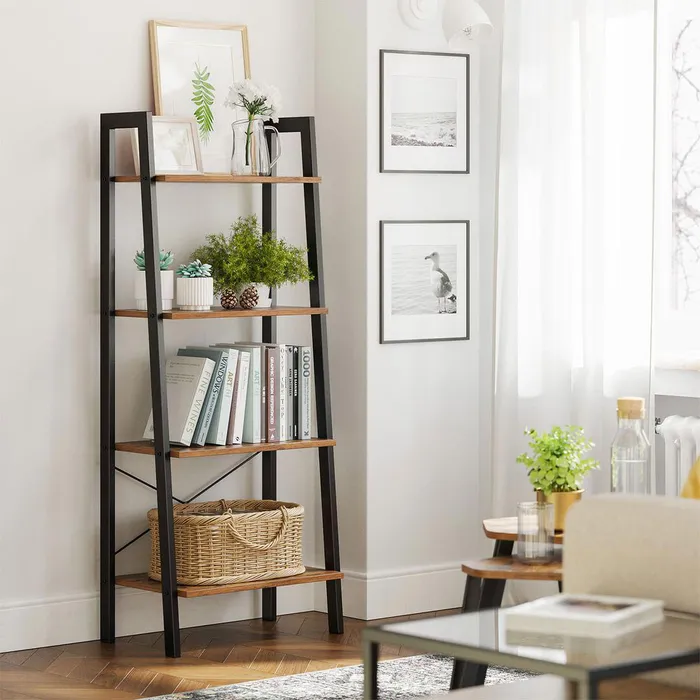 Biblioteca tip scara, cadru otel cu 4 polite din MDF, stil industrial, 56x34x138cm, maro rustic [2]