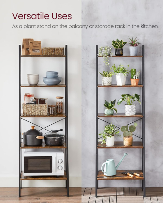 Biblioteca tip scara, cadru otel cu 5 polite din MDF, stil industrial, 56x34x172cm, maro rustic si negru [8]