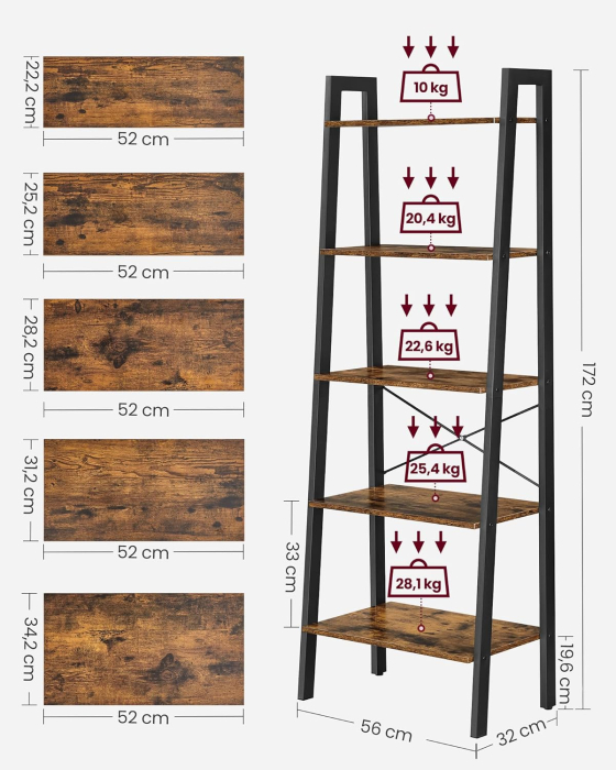 Biblioteca tip scara, cadru otel cu 5 polite din MDF, stil industrial, 56x34x172cm, maro rustic si negru [3]