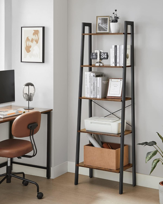 Biblioteca tip scara, cadru otel cu 5 polite din MDF, stil industrial, 56x34x172cm, maro rustic si negru [2]