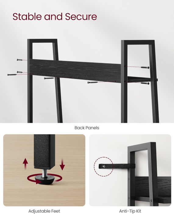 Biblioteca tip scara, cadru otel cu 5 polite, stil industrial, 80x30x170 cm, negru [4]