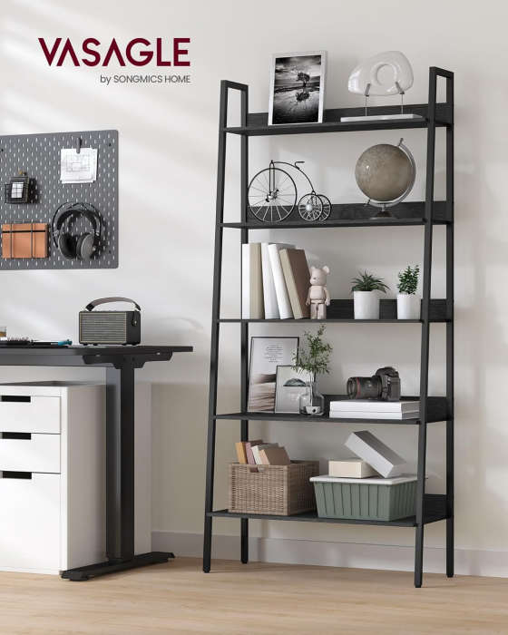 Biblioteca tip scara, cadru otel cu 5 polite, stil industrial, 80x30x170 cm, negru [1]
