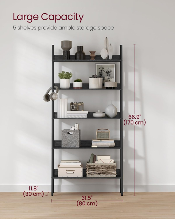 Biblioteca tip scara, cadru otel cu 5 polite, stil industrial, 80x30x170 cm, negru [3]