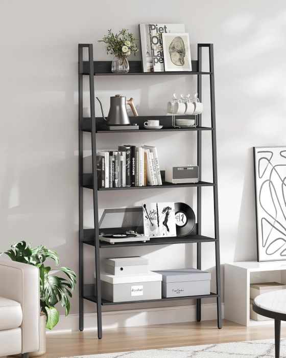 Biblioteca tip scara, cadru otel cu 5 polite, stil industrial, 80x30x170 cm, negru [2]