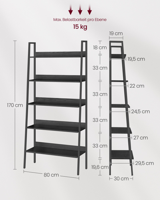 Biblioteca tip scara, cadru otel cu 5 polite, stil industrial, 80x30x170 cm, negru [6]