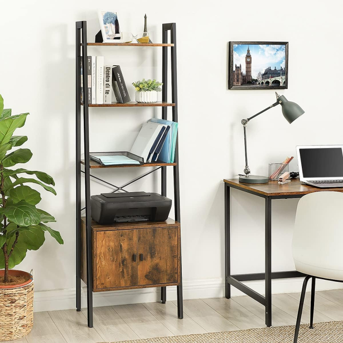 Biblioteca tip scara, cu dulap si 4 rafturi din MDF, stil industrial, 34x56x172cm, maro rustic si negru [4]