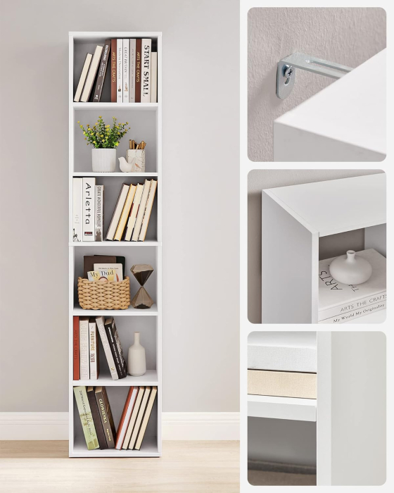 Biblioteca verticala 40x24x179 cm, 6 rafturi din care 4 reglabile, PAL alb mat [3]