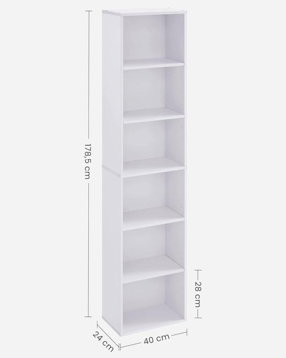 Biblioteca verticala 40x24x179 cm, 6 rafturi din care 4 reglabile, PAL alb mat [9]