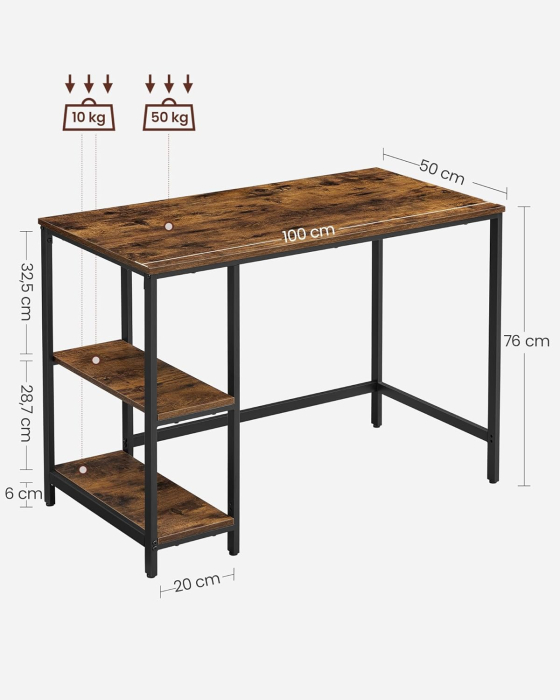 Birou cu 2 rafturi pe stanga sau dreapta, cadru din otel, 50x100x75cm, industrial, maro rustic si negru [5]