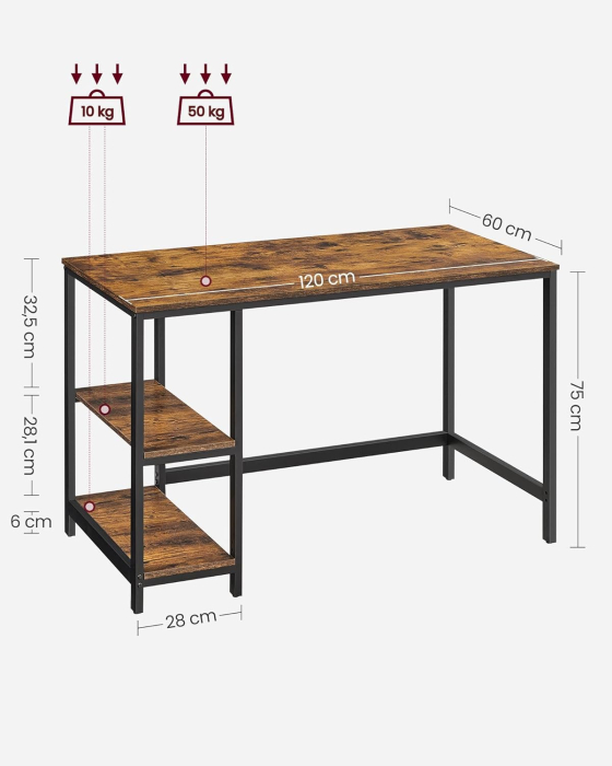 Birou cu 2 rafturi pe stanga sau dreapta, cadru din otel, 60x120x75cm, industrial, maro rustic si negru [1]
