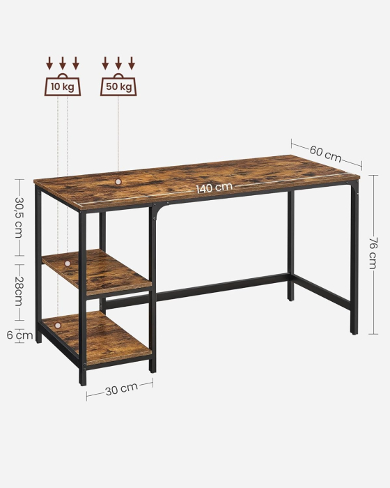 Birou cu 2 rafturi stanga sau dreapta, stil industrial, 60x140x76 cm, maro rustic [6]